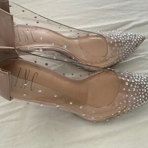 INC clear bedazzled heels